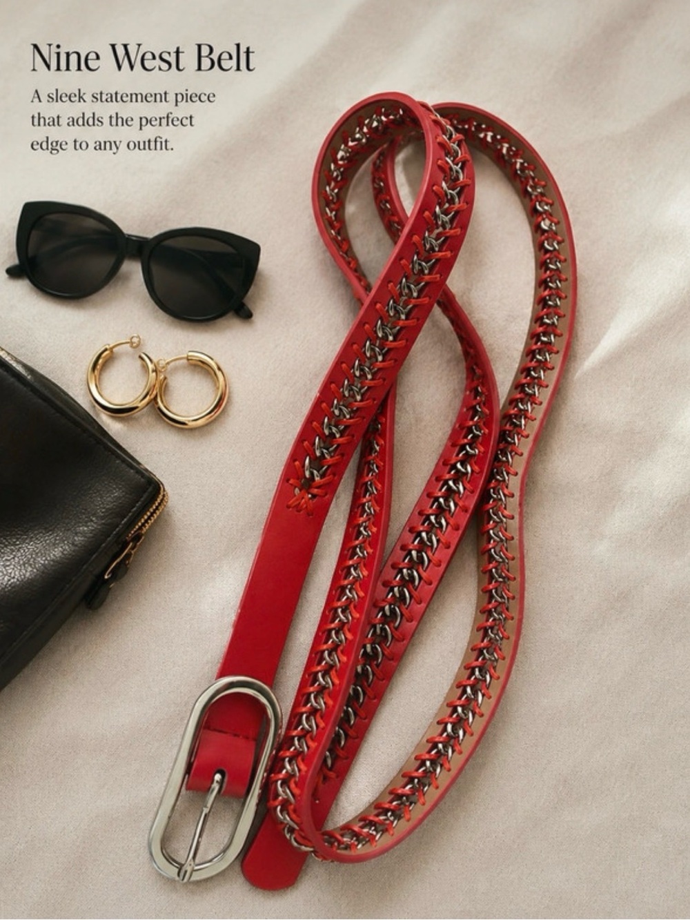 Nine West Red Leather Belt with Silver Chain Detail